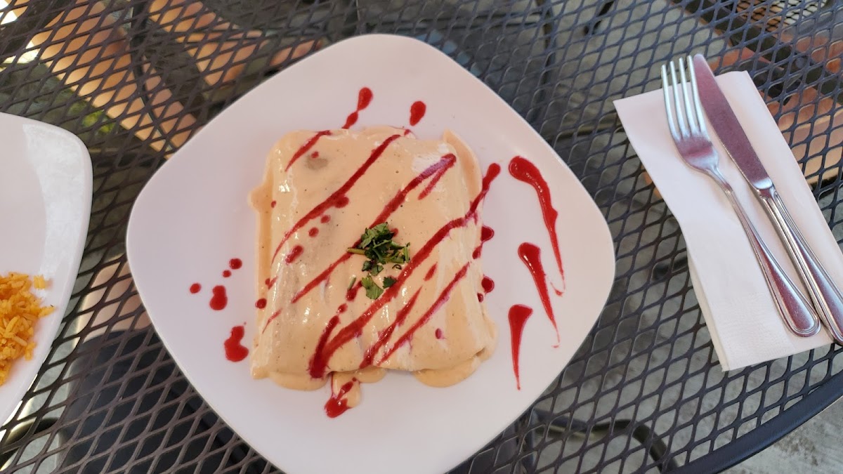 A burrito plated with chipotle crema and a bright raspberry drizzle