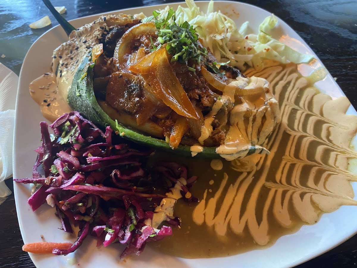 A distinctive stuffed-avocado plate with slaw at Rio